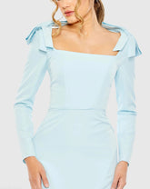 Blue Empire Waist Long Sleeve Bow Shoulder Gown